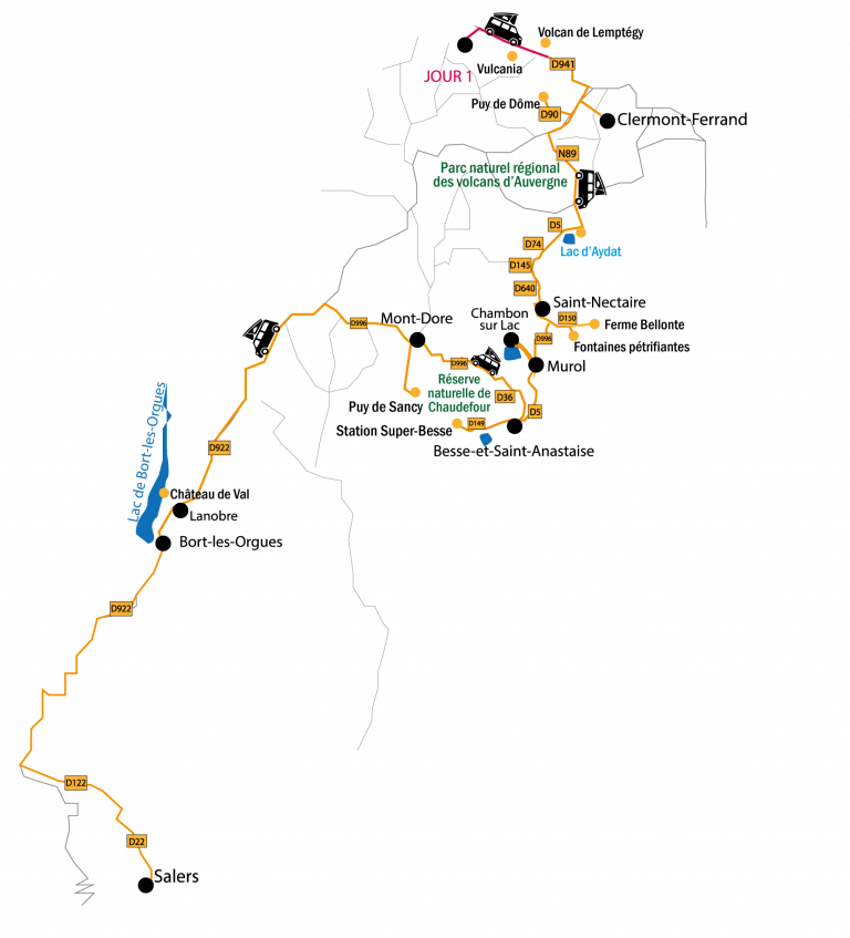 Carte du road trip en Auvergne