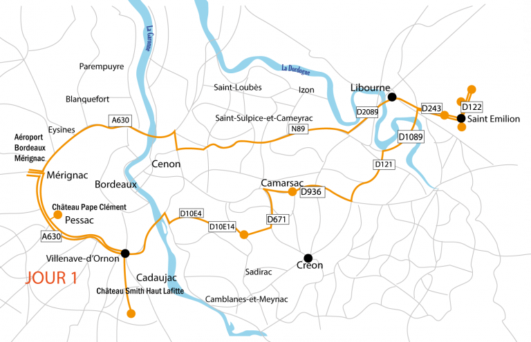 Carte itinéraire La route des vins de Bordeaux