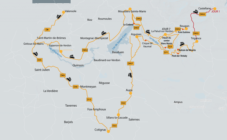 Carte du road trip dans les Gorges du Verdon