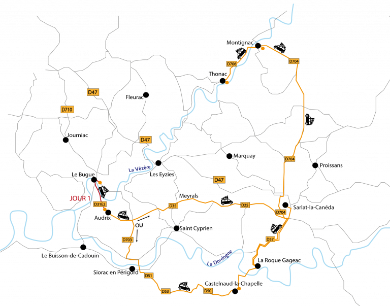 Carte du road trip dans le Périgord